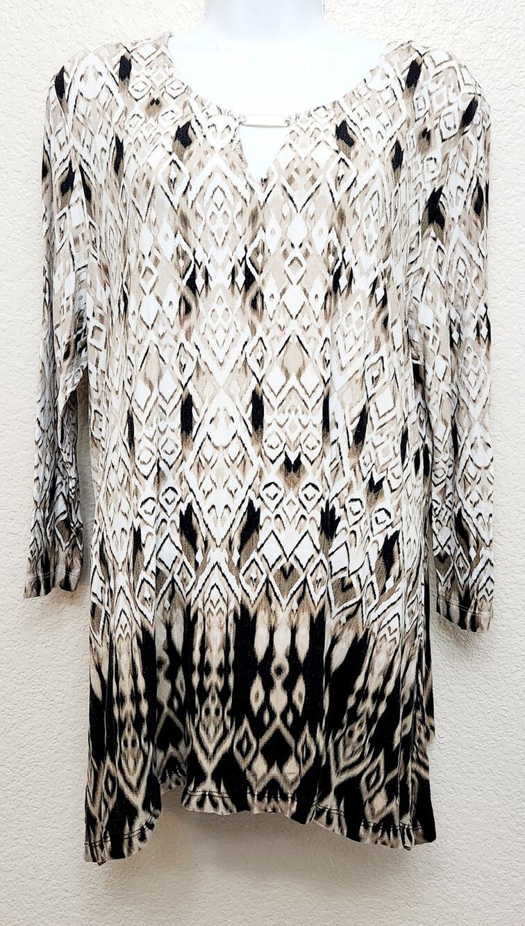 Ruby Rd. Brown Tan Black Geo Print Top XL Lightweight Soft Stretchy Round Neck